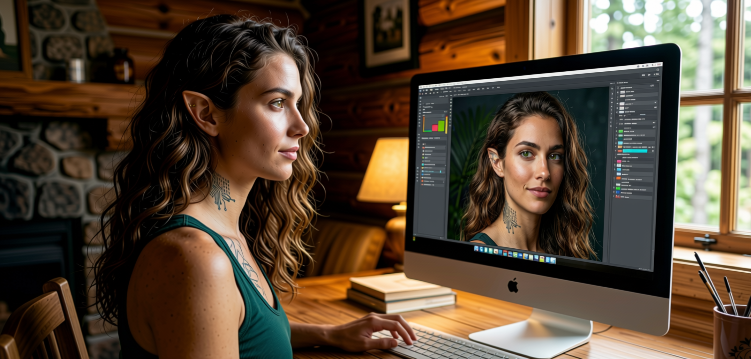 Ami at her desk looking at an image of herself