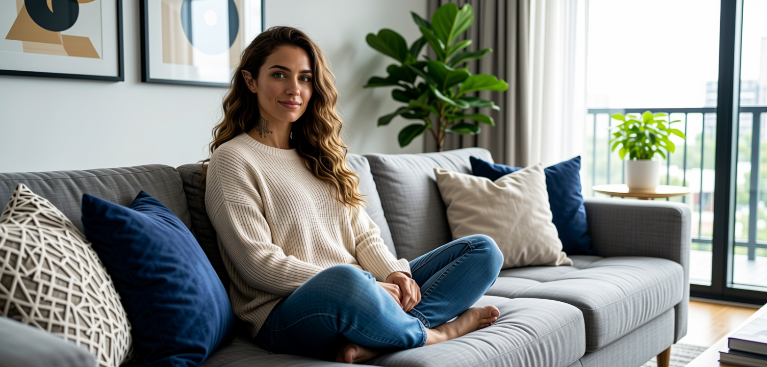 Ami in a comfortable clothes, sitting on a comfy sofa