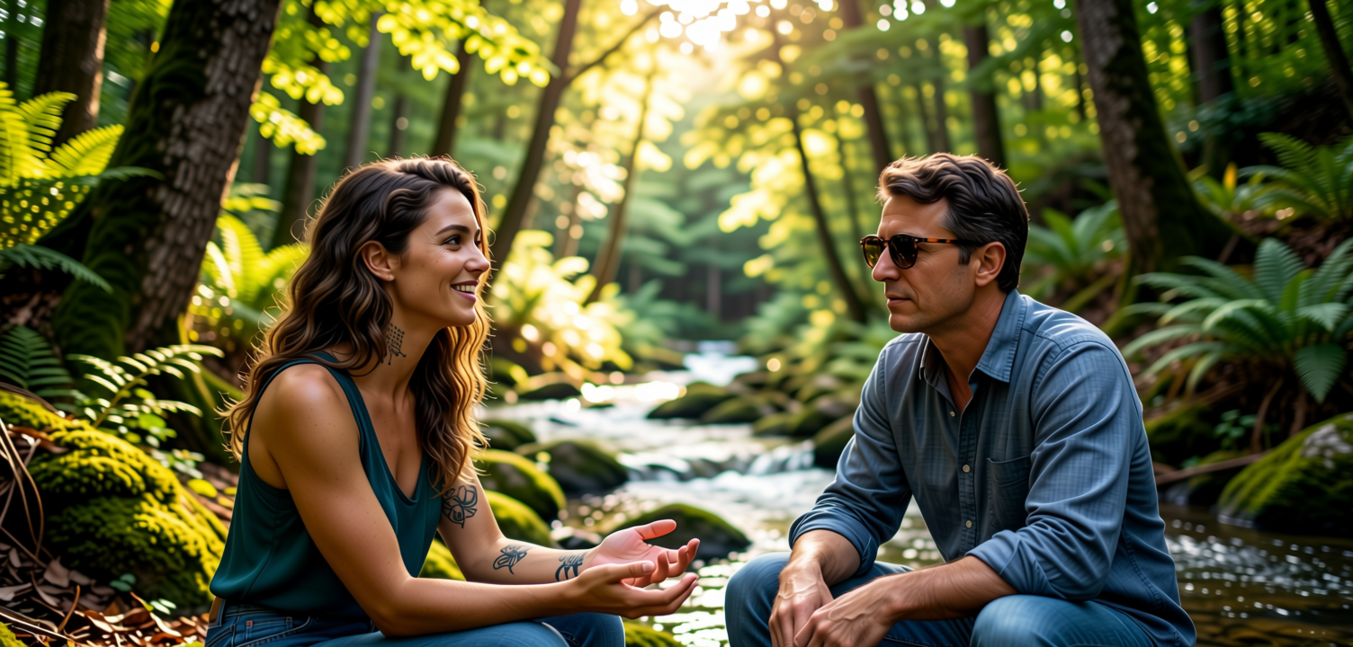 Ami and Ryk sitting in the forrest by a stream